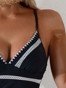 Swim Lushoire Bộ bikini hai mảnh màu đen trơn, kiểu dáng thoải mái, thích hợp cho kỳ nghỉ hè, đi biển, có dây đeo điều chỉnh được, viền hoa. - màu đen - Xem 5