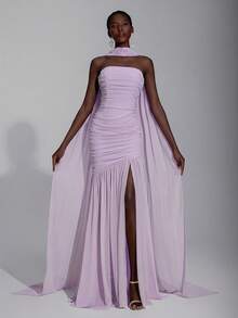 Elegant Minimalist Chiffon Halter Neck Dress (Detachable Sequins), Pleated Bust, Mesh Fishtail Hem, Suitable For Dates, Vacations, Weddings, Bridesmaid Events - Mauve Purple - View 5