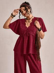 Freevana Plus Size Women's Solid V-Neck Ruched Short Sleeve Top And Wide Leg Pants Casual 2-Piece Set - Burgundy - View 1