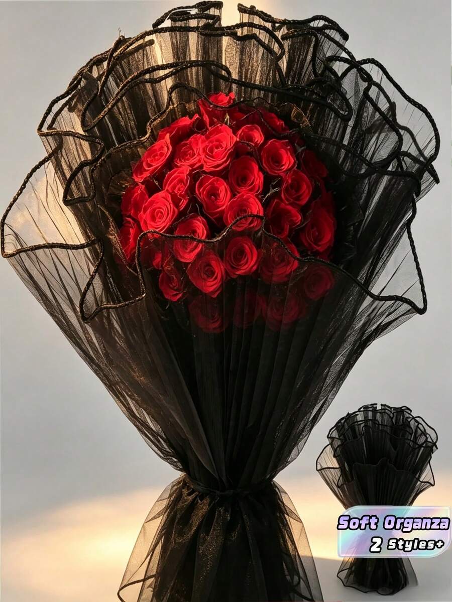 1 条 28*200cm/28*400cm 皱纹欧根纱丝带，用于礼品包装和插花，适合生日、派对、婚礼、家居装饰、圣诞节（无珍珠边） - 黑色 - 查看 1