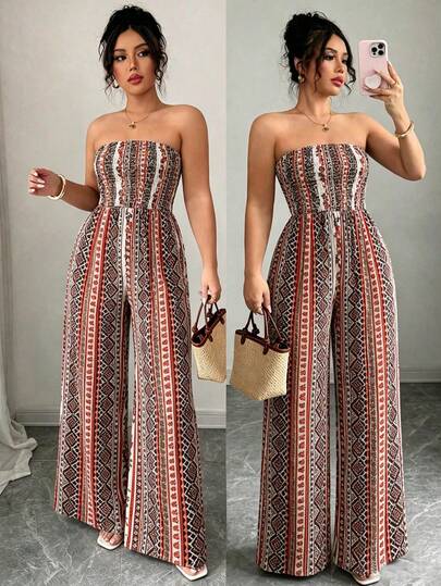 SHEIN Elenzya Quần ống đứng ôm sát, không dây vai, thiết kế họa tiết hoa retro nhiều màu sắc dành cho nữ cỡ lớn, đa năng cho mặc hàng ngày, đi làm, dạo phố, thời trang, thanh lịch, phong cách đồng quê, hẹn hò lãng mạn, phong cách đường phố Pháp, kỳ nghỉ biển, bộ jumpsuit mới về mùa xuân/hè.