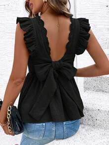 SHEIN Clasi Áo kiểu nữ thời trang, thanh lịch, hở lưng, cổ chữ V, tay loe, phối hoa, thắt nơ, chất liệu thoải mái, dáng chữ A. - màu đen - Xem 4