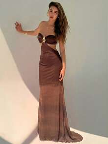 Aloruh Robe dos nu avec décoration métallique pour vacances à la plage pour femmes - Café - Voir 6