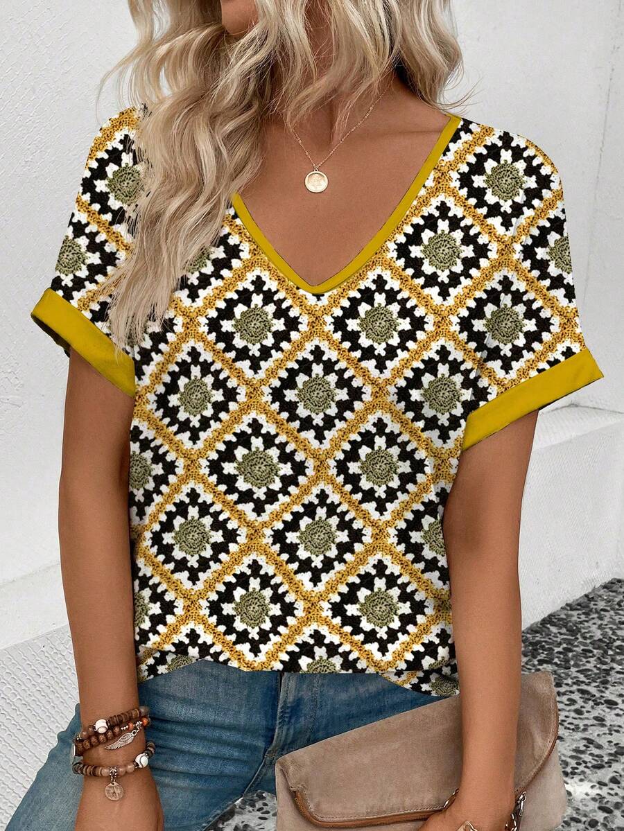 New Fashion Women Knit Texture Printed Short Sleeve T-Shirt - Multicolor - View 1
