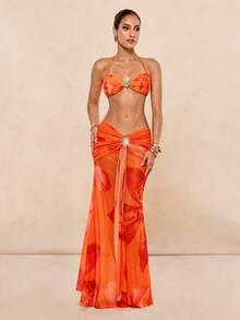 Lumalex Falda larga estampada con flores y accesorios de metal con diseño de sirena, adecuada para playa y resort con bikini - Naranja - Ver 8
