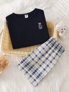 Young BoyKorean Style Casual Cute Plaid Bear Graphic Pocket Tee & All-Over Bear Print Pants Pajama Set - Royal Blue - View 3