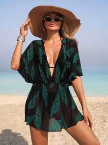 Swim Lushoire 1pc Women Mesh Leaf Pattern Cover-Up, Casual For Home, Beach, Pool, Vacation, Spring/Summer - Multicolor - View 1