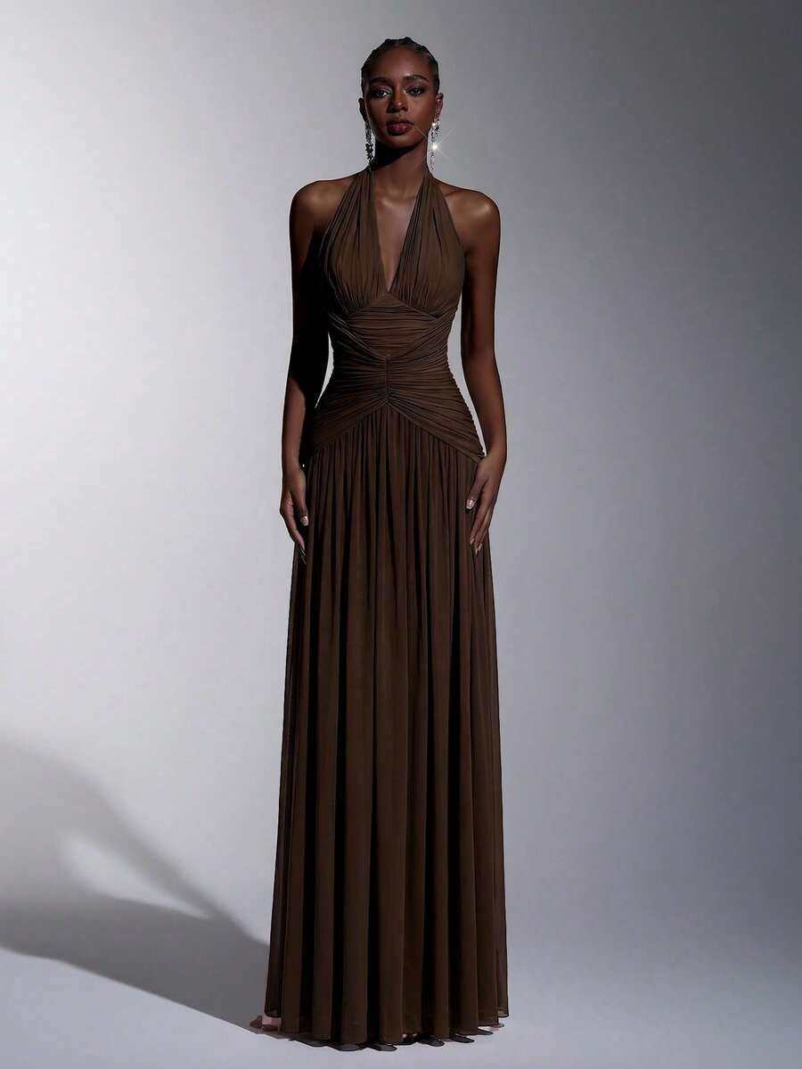 Elitara Elegant, , Fashionable Elastic Mesh Halter Neck Ruched Decor A-Line Dress, Party Wedding Guest Orange Color, And Graceful Bridesmaid - Coffee Brown - View 1