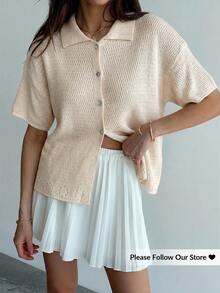 Aloruh Women's Solid Color Short Sleeve Single-Breasted Casual Knit Cardigan - Beige - View 1