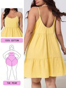 Solflare Plus Size Women's Yellow Casual Ruffle Hem Spaghetti Strap Dress, Spring/Summer - Yellow - View 1