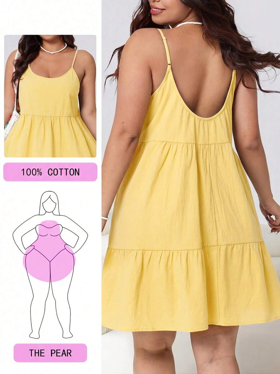 Solflare Plus Size Women's Yellow Casual Ruffle Hem Spaghetti Strap Dress, Spring/Summer - Yellow - View 1