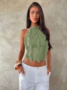 Aloruh New Sexy Backless Lace-Up Design Crop Top, Elegant Purple Layered Ruffle Decor Halter Backless Vest, Summer,Summer Top - Olive Green - View 3