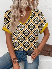 New Fashion Women Knit Texture Printed Short Sleeve T-Shirt - Multicolor - View 3