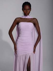 Elegant Minimalist Chiffon Halter Neck Dress (Detachable Sequins), Pleated Bust, Mesh Fishtail Hem, Suitable For Dates, Vacations, Weddings, Bridesmaid Events - Mauve Purple - View 2