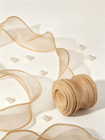 SHEIN 1PC Semi-Transparent Organza Ribbon With Curled Edge, Ideal For Gift Wrapping, Cake Decoration, Wedding, DIY Bow Knot Satin Ribbon For Festival Party Decoration, Autumn And Winter Decoration, Home Decoration-Gold