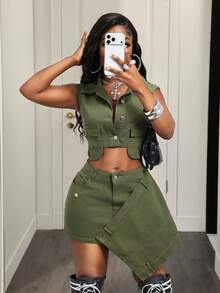 BamGleam 女士休闲牛仔套装 - 軍綠色 - 查看 6