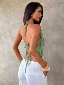 Aloruh New Sexy Backless Lace-Up Design Crop Top, Elegant Purple Layered Ruffle Decor Halter Backless Vest, Summer,Summer Top - Olive Green - View 4