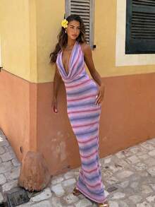 Aloruh Women's Sexy Halter Backless Tie-Up Gradient Striped Bodycon Dress, Suitable For Beach Vacation In Spring/Summer - Pink - View 4