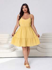 Solflare Plus Size Women's Yellow Casual Ruffle Hem Spaghetti Strap Dress, Spring/Summer - Yellow - View 2