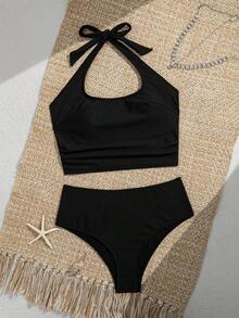 Swim Lushoire Women's Black Summer Casual Swimwear Set,Solid Color Spaghetti Strap Tie Top & Triangle Bikini Bottom,Tummy Control Beach Party Holiday Wear - Black - View 6
