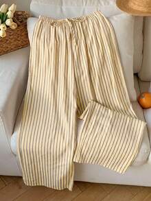 Comfortcana 2 chiếc quần ống rộng kẻ caro và sọc, quần kẻ caro phong cách lễ hội âm nhạc, quần dệt sọc kem có dây rút, quần kẻ caro đỏ, quần sọc kem, quần nữ mùa hè, quần nữ mùa xuân hè - Nhiều màu - Xem 8