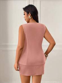 Femmeverse Plus Size Women Solid Color Metal Single-Breasted Top And Mini Skirt Casual Vacation Set - Pink - View 2