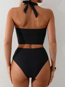 Swim Lushoire Women's Black Summer Casual Swimwear Set,Solid Color Spaghetti Strap Tie Top & Triangle Bikini Bottom,Tummy Control Beach Party Holiday Wear - Black - View 2