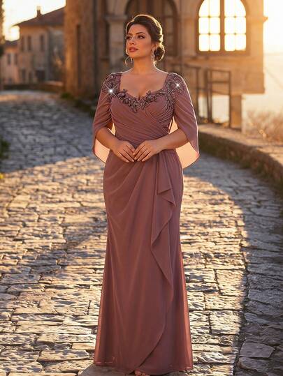 Serin Vestido elegante de gasa gris-rosa de talla grande para mujer, con mangas largas transparentes, volantes, aplicaciones de lentejuelas y bajo de sirena, adecuado para la madre de la novia en bodas, eventos formales, festivales de música, fiestas y vestidos de noche para la madre de la novia