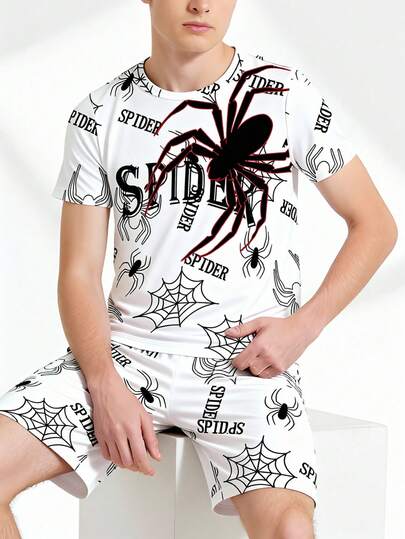 1 Set Pijama de Moda Casual Minimalista para Adolescentes Varones con Estampado de Araña y Letras, Cuello Redondo, Manga Corta y Pantalón Corto de Tela Elástica