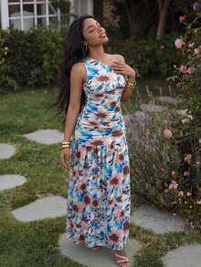 Slaydiva Abito lungo maxi da donna estivo stile boho bianco con fiori, elegante per festa in giardino, vacanza, spiaggia e matrimonio, monospalla, con orlo plissettato a volant e spacco laterale alto - Multicolore - Visualizzare 12