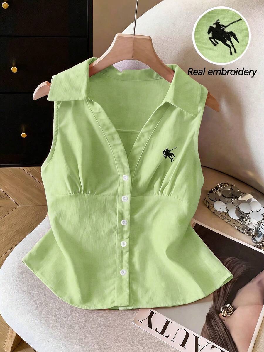 SHEIN Franclia Áo polo nữ mùa xuân/hè dáng casual, cổ thêu, không tay. - màu xanh lá - Xem 1