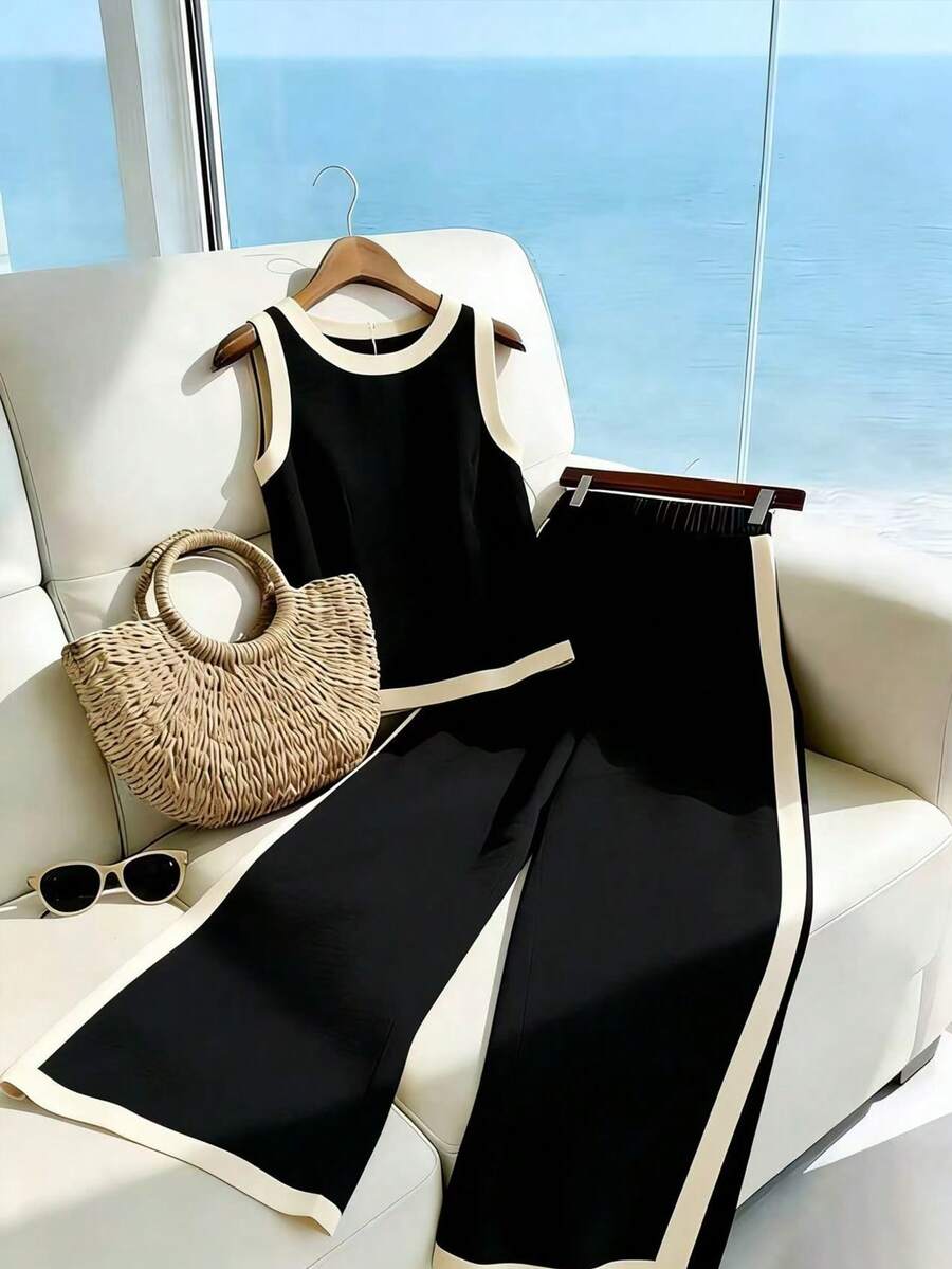 Franclia Bộ đồ nữ thanh lịch gồm áo tank top cổ tròn màu trơn và quần ống rộng phối màu tương phản, thích hợp cho kỳ nghỉ và mặc thường ngày. - màu đen - Xem 1