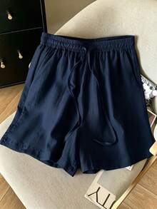 Franclia Women's Summer Casual Gentle Style Light Blue Shirt & Shorts 2 Pieces Set - Navy Blue - View 6