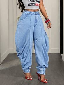 SHEIN BamGlam Quần jean denim nữ kiểu dáng thường ngày - Màu xanh lam - Xem 6