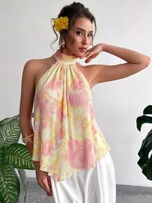 Aloruh Blouse à col ras-du-cou froncée à imprimé floral, style vacances pour femmes - Jaune clair - Voir 7