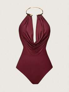 Rafferiza Women's Summer New Sexy Mature Style Brown Metal Collar Bodysuit, Made Of Smooth Draping Fabric, Paired With Metal Collar Ring, Chest Draped Pleats And Fitted Bodysuit Silhouette, Combining Sophistication And Sexy Charm, Suitable For Parties, Dates Or Semi-Formal Occasions, A Versatile Piece In The Category Of Mature Style Collar Bodysuit, Brown Metal Decor Outfit, And Fitted Slimming Chic Item. - Burgundy - View 5