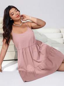 Solflare Plus Size Women's Lotus Pink Ruffle Hem Spaghetti Strap Spring/Summer Dress - Dusty Pink - View 5