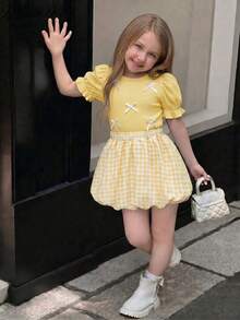 Elladie kids 夏季新款欧美时尚优雅女童套装，白色蝴蝶结装饰粉色圆领泡泡袖T恤+粉白格子泡泡裙，适合日常、通勤、上学等场合穿着。 - 黃色 - 查看 7