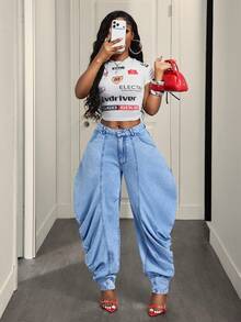 SHEIN BamGlam Quần jean denim nữ kiểu dáng thường ngày - Màu xanh lam - Xem 7