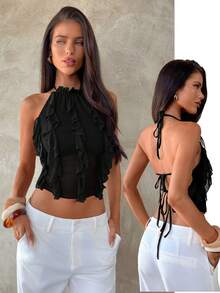 Aloruh New Sexy Backless Lace-Up Design Crop Top, Purple Elegant Multi-Tier Ruffle Decor Halter Backless Vest, Spring/Summer,Summer Top - Black - View 2