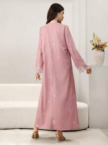 Yasmyna Robe longue à manches longues, évasée et élégante avec ourlet brodé pour femmes - Rose bonbon - Voir 5