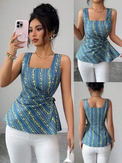 SHEIN Raffinéa Áo hai dây mỏng nhẹ màu xanh dương và vàng họa tiết hoa nhí thắt nơ phía trước dành cho nữ, thích hợp mặc hàng ngày và hẹn hò, mùa hè.