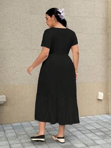 SHEIN EZwear 大码女式薄纱短袖纯色口袋休闲连衣裙 - 黑色 - 查看 2