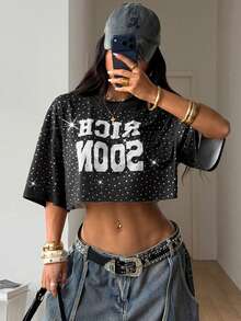 SHEIN Coolane Áo thun nữ in chữ đính đá, kiểu dáng thường ngày, đa năng. - màu đen - Xem 5