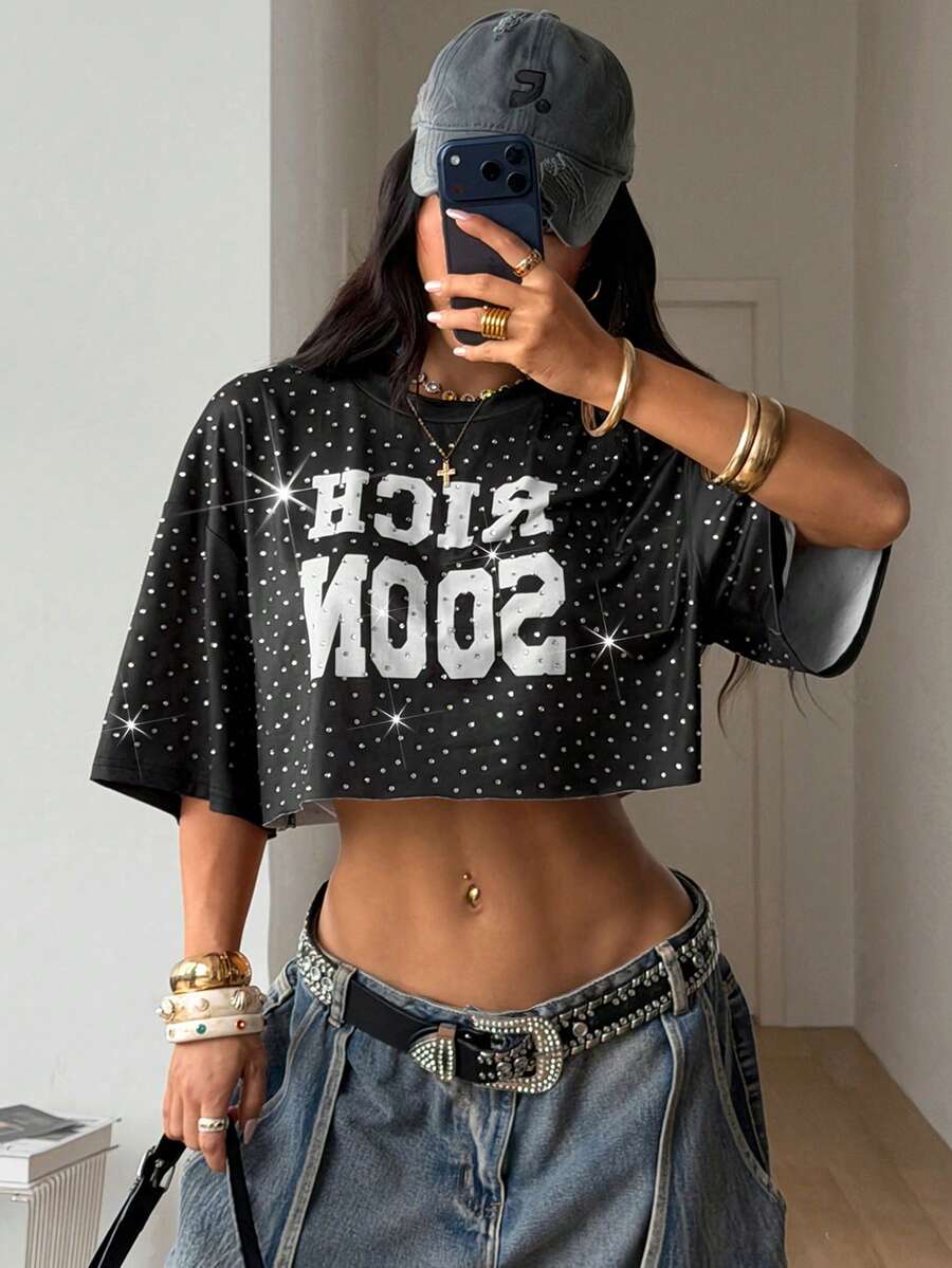 Coolane Áo thun nữ in chữ đính đá, kiểu dáng thường ngày, đa năng. - màu đen - Xem 1