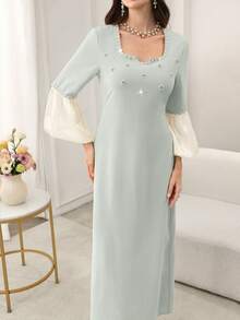 Yasmyna Đầm dạ hội thanh lịch, cổ vuông, tay phồng, xẻ tà, đính cườm và đá quý. - Nhiều màu - Xem 7