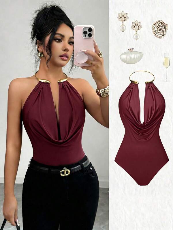 Rafferiza Women's Summer New Sexy Mature Style Brown Metal Collar Bodysuit, Made Of Smooth Draping Fabric, Paired With Metal Collar Ring, Chest Draped Pleats And Fitted Bodysuit Silhouette, Combining Sophistication And Sexy Charm, Suitable For Parties, Dates Or Semi-Formal Occasions, A Versatile Piece In The Category Of Mature Style Collar Bodysuit, Brown Metal Decor Outfit, And Fitted Slimming Chic Item.