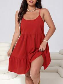 Solflare Red Plus Size Women's Ruffle Hem Spaghetti Strap Spring/Summer Dress - Red - View 7