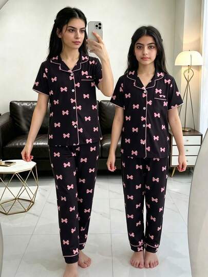 SHEIN Genkimix Kids Tween Girls' Apricot Cute Cherry Print Long Pants And Short Sleeve Casual Loose 2 Pieces Pajama Set