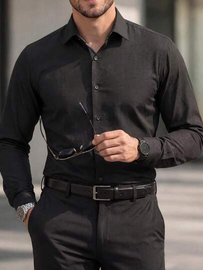 Manfinity Bizformal Men's Business Casual Embossed Fabric Design Color Block Long Sleeve Shirt